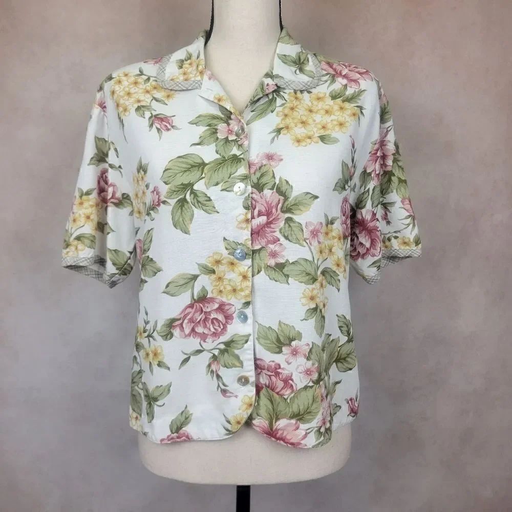 Vintage Teddi Floral Button Down Short Sleeve Blouse Size Small